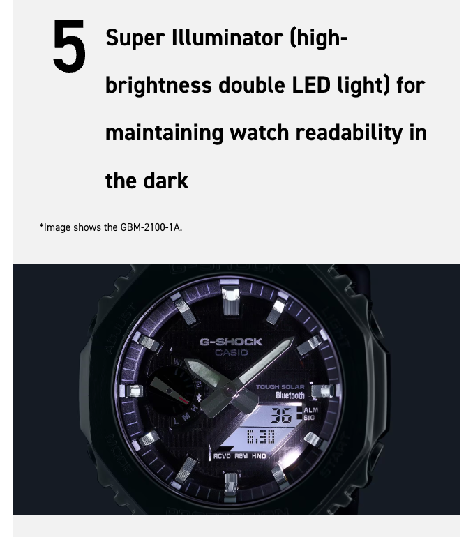 G-Shock watch with text about super illuminator feature