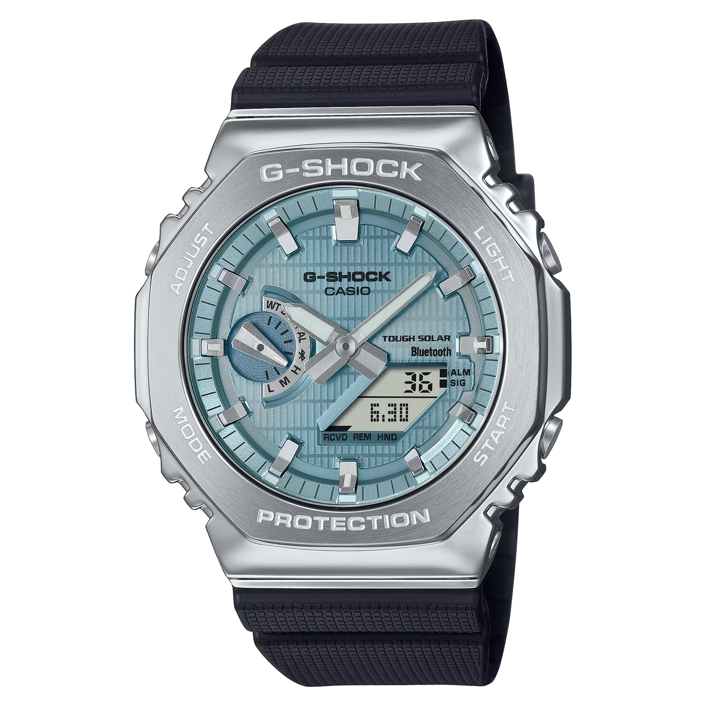 Casio G-SHOCK GBM2100A-1A2 – metal-covered 2100 Series watch with stainless-steel bezel, black bio-based resin band, Tough Solar power, Bluetooth connectivity, and 200m water resistance.