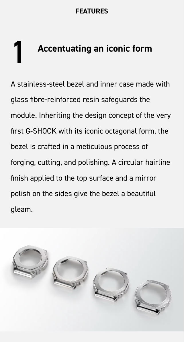 Text describing a stainless-steel bezel and inner case with G-SHOCK design elements, accompanied by images of the bezels on a white background.