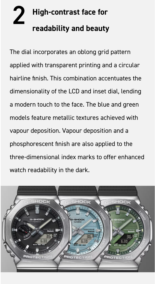 Three Casio G-Shock watches with different face designs on a gray background.