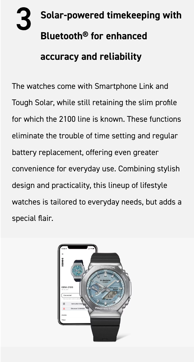 Text describing solar-powered timekeeping with Bluetooth for watches, featuring a watch and smartphone on a white background.