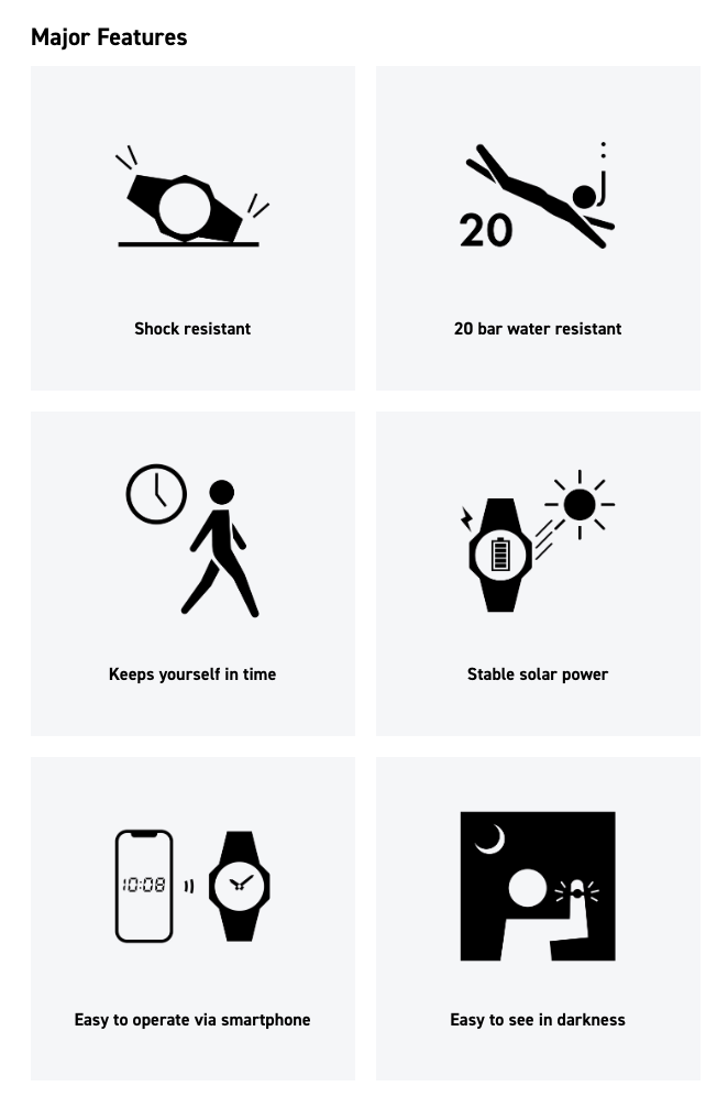 List of major features of a device with icons and text on a white background