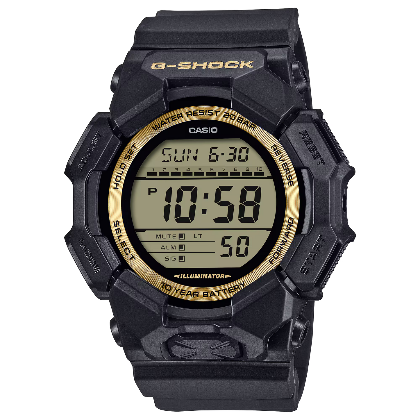 Casio G-SHOCK GD010GB-1A9 – black-and-gold digital watch with carbon core guard, bio-based resin case and band, 200m water resistance, 10-year battery, and Super Illuminator LED backlight.