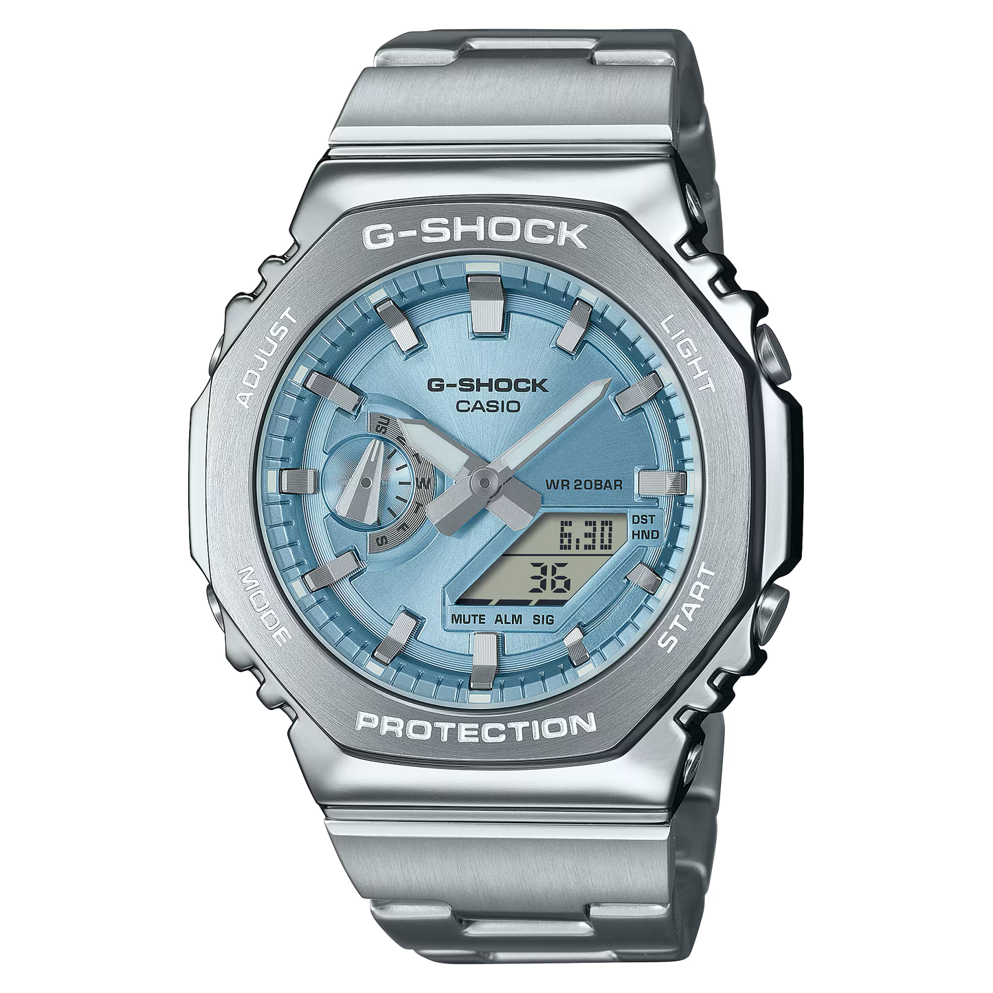 Casio G-STEEL GM2110D-2A, premium stainless-steel G-SHOCK with an octagonal bezel. Features a light blue metallic dial, shock resistance, 200m water resistance, dual LED Super Illuminator, and world time. Stylish and durable.