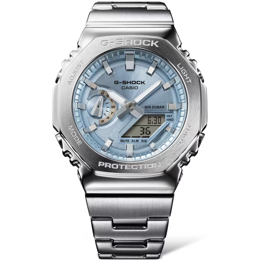 Casio G-STEEL GM2110D-2A, premium stainless-steel G-SHOCK with an octagonal bezel. Features a light blue metallic dial, shock resistance, 200m water resistance, dual LED Super Illuminator, and world time. Stylish and durable.