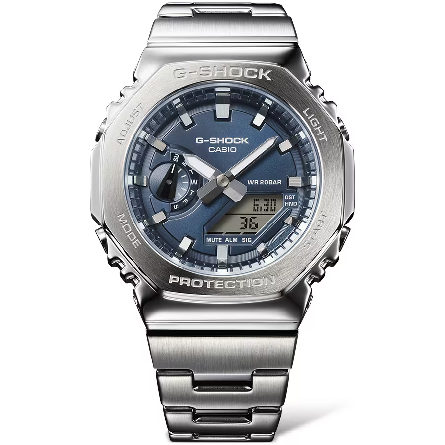 Casio G-STEEL GM2110D-2B, premium stainless-steel G-SHOCK with an octagonal bezel. Features a metallic navy-blue dial, shock resistance, 200m water resistance, dual LED Super Illuminator, and world time. Stylish and durable.