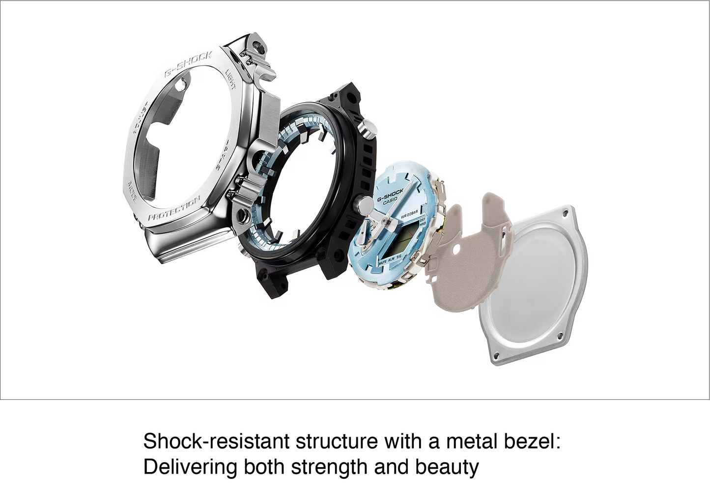 Casio G-STEEL GM2110D-2B, premium stainless-steel G-SHOCK with an octagonal bezel. Features a metallic navy-blue dial, shock resistance, 200m water resistance, dual LED Super Illuminator, and world time. Stylish and durable.