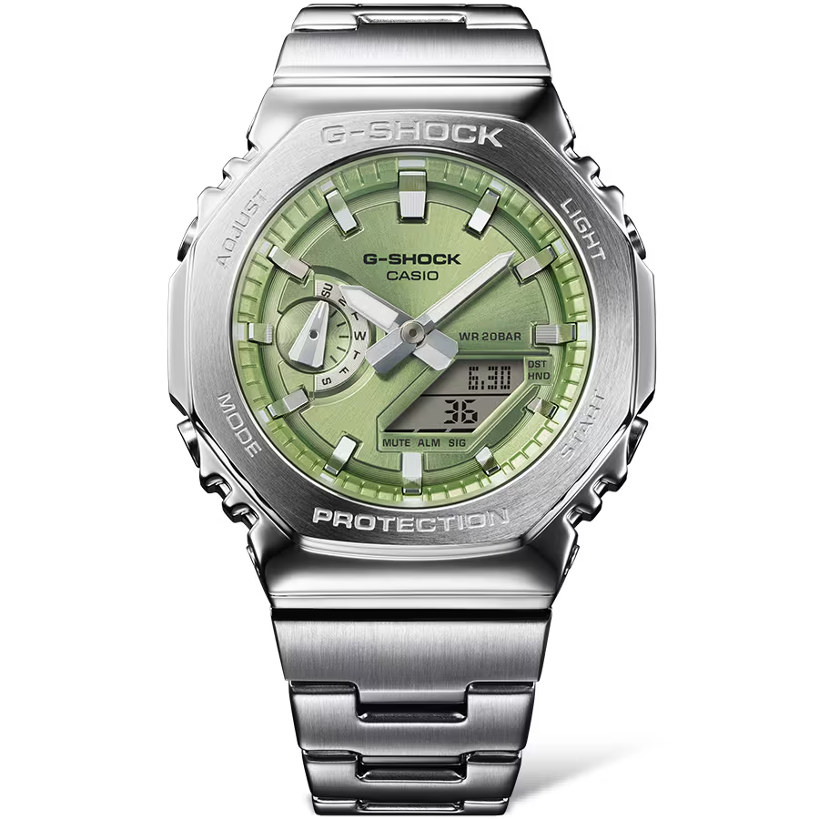 Casio G-STEEL GM2110D-3A, premium stainless-steel G-SHOCK with an octagonal bezel. Features an opal green metallic dial, shock resistance, 200m water resistance, dual LED Super Illuminator, and world time. Stylish and durable.