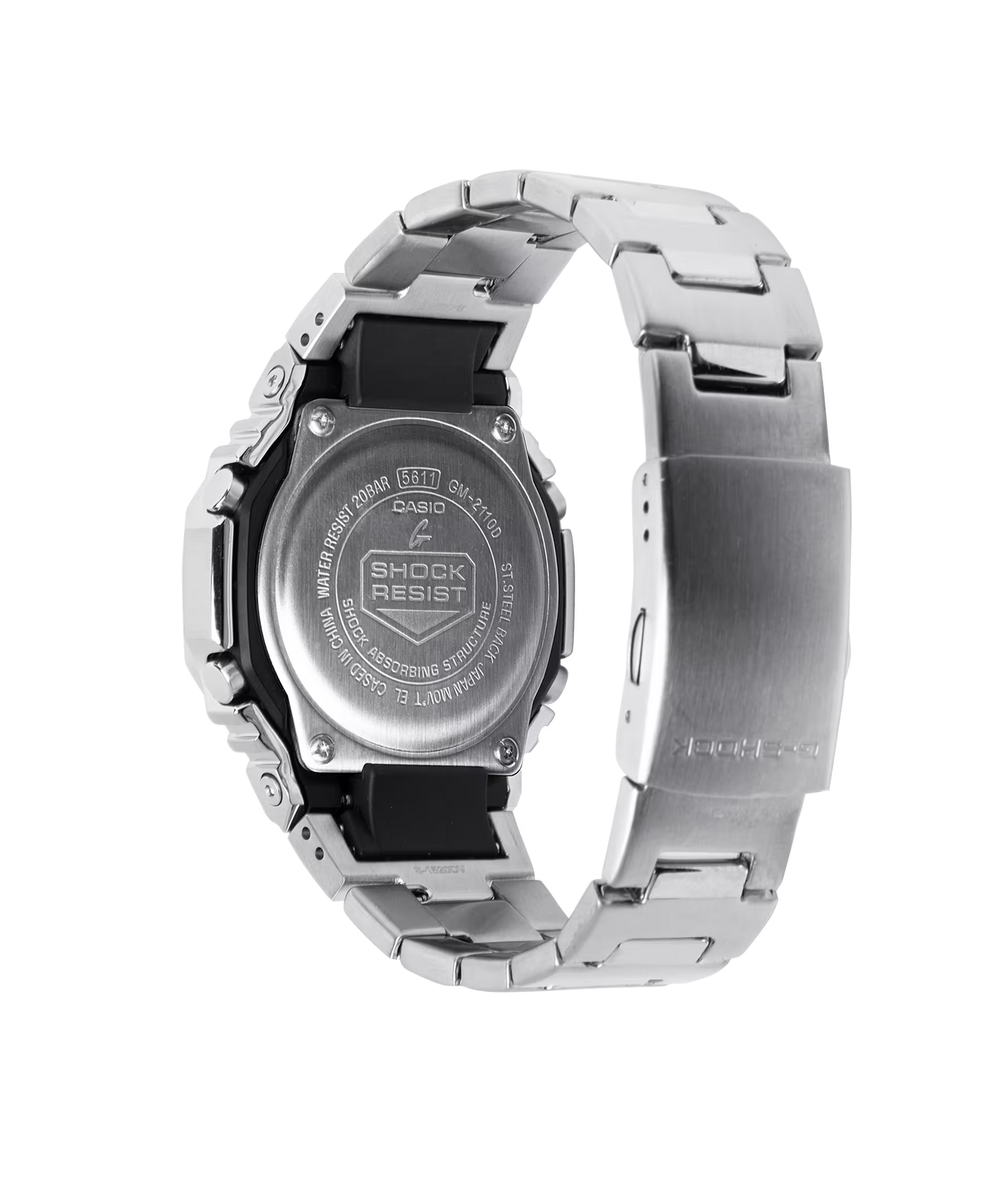 Casio G-STEEL GM2110D-7A, premium stainless-steel G-SHOCK with an octagonal bezel. Features a polished silver-tone dial, shock resistance, 200m water resistance, dual LED Super Illuminator, and world time. Stylish and durable.