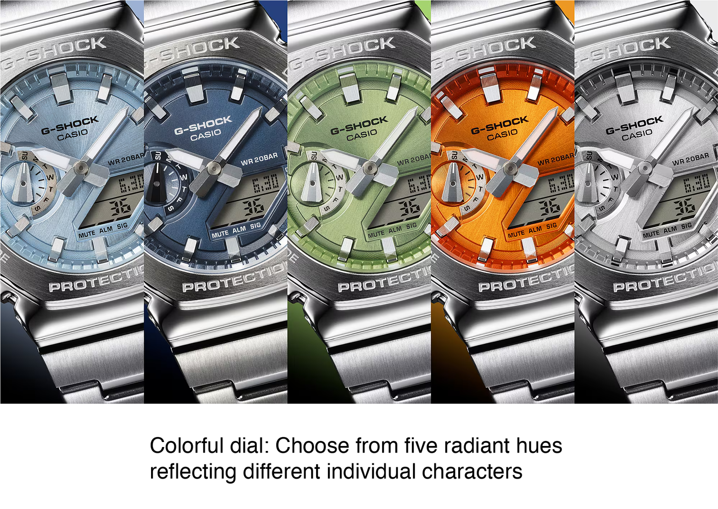 Casio G-STEEL GM2110D-7A, premium stainless-steel G-SHOCK with an octagonal bezel. Features a polished silver-tone dial, shock resistance, 200m water resistance, dual LED Super Illuminator, and world time. Stylish and durable.