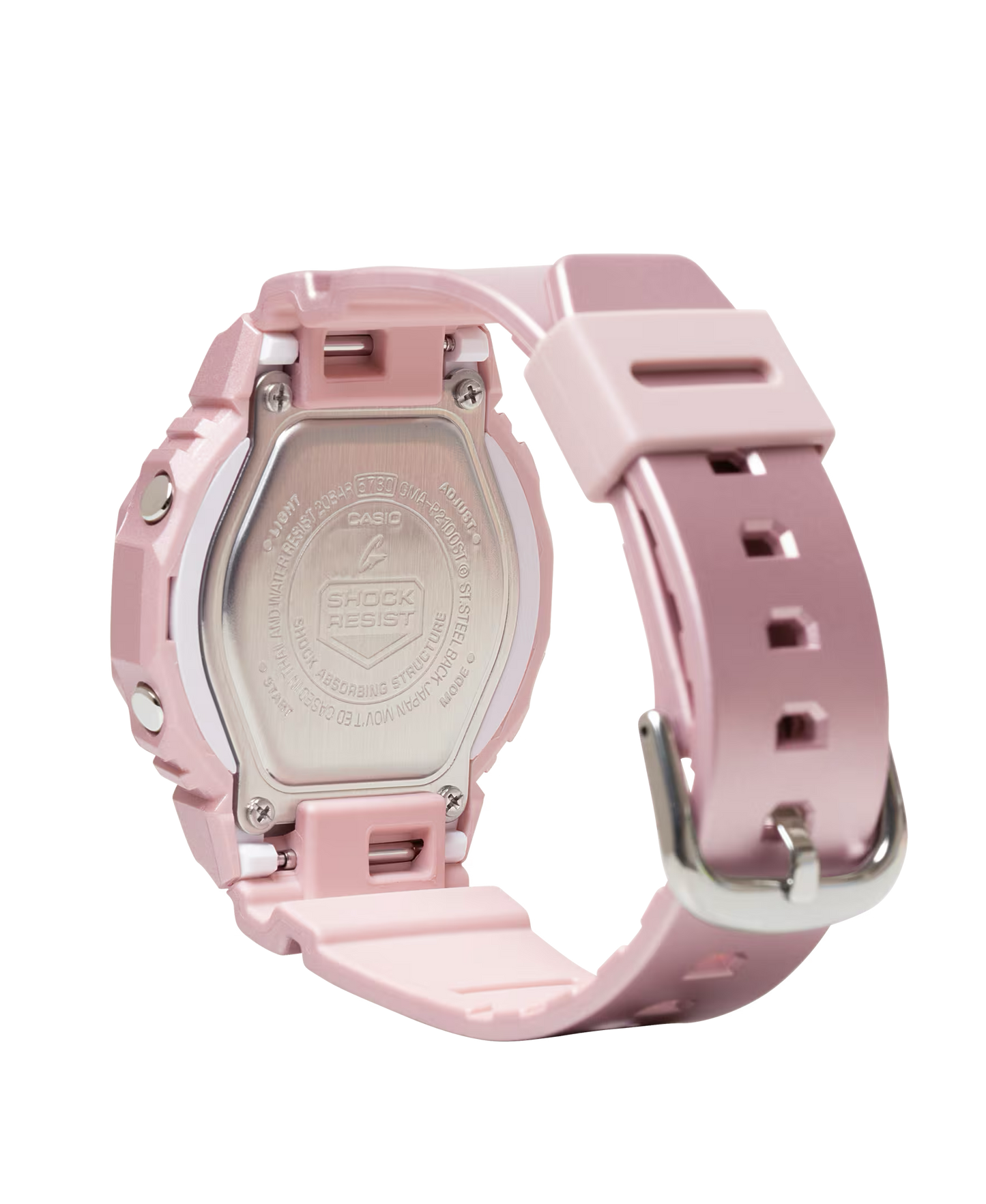 Pink digital watch with a clear back on a white background