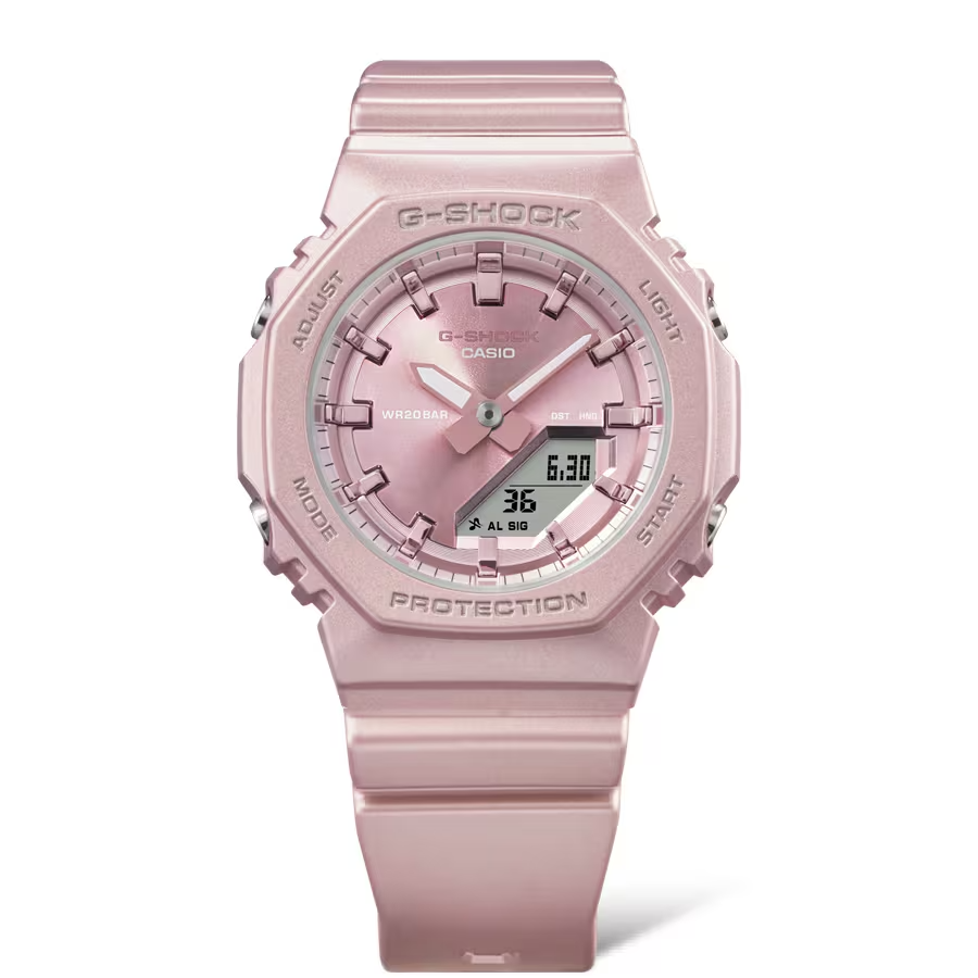 Pink Casio G-Shock watch on a white background