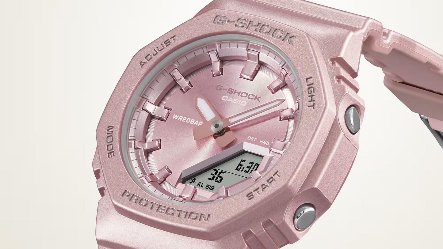 Pink G-Shock watch on a light pink background