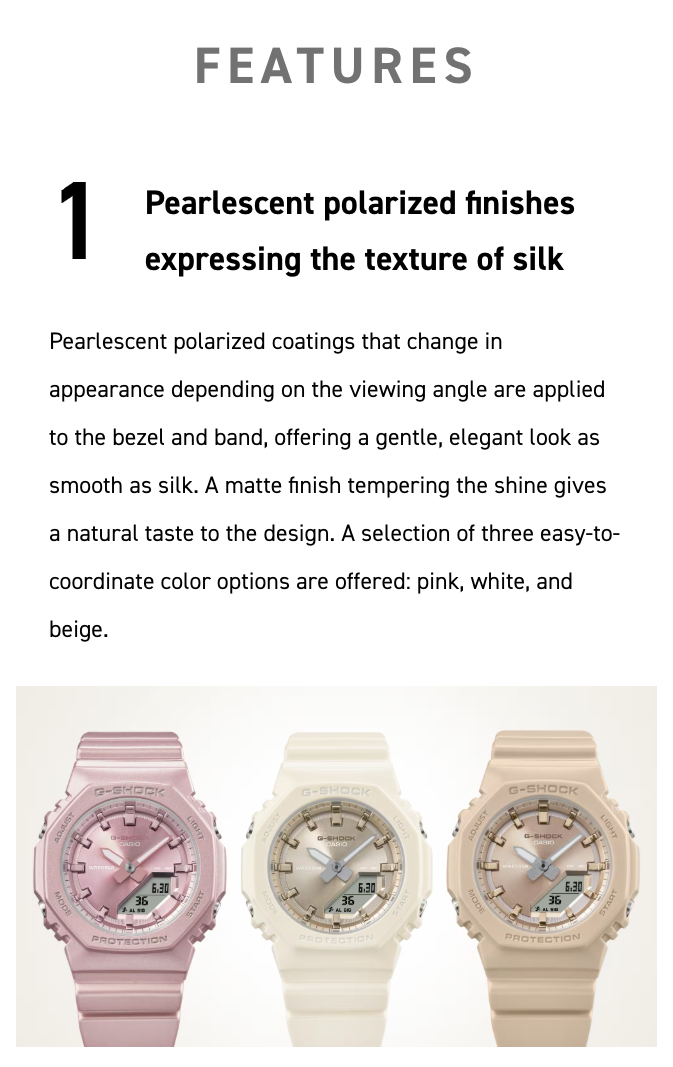 Three watches with pearlescent finishes on a white background, accompanied by text about their features.