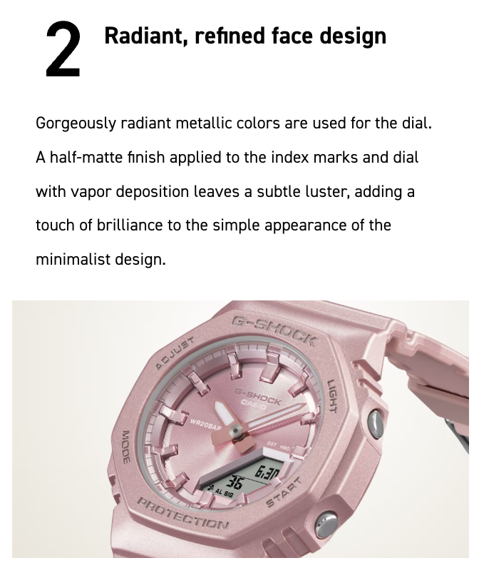 Pink Casio G-Shock watch with text about radiant face design