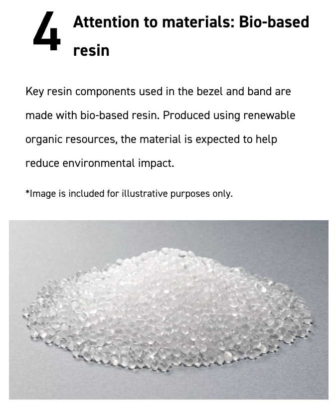 Bio-based resin on a gray background with text about its use in products.