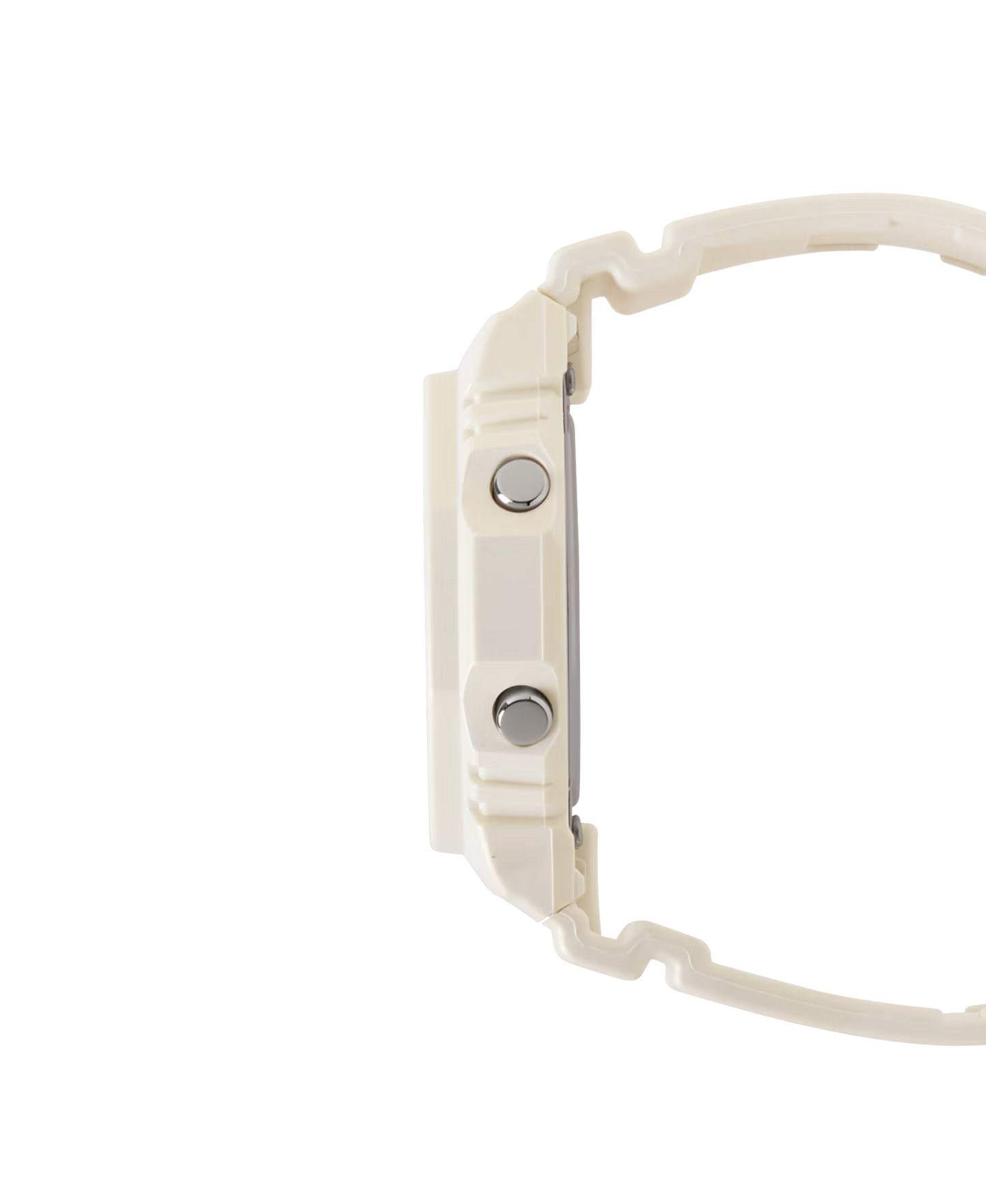 Close-up of a white watch band with metal clasps on a white background