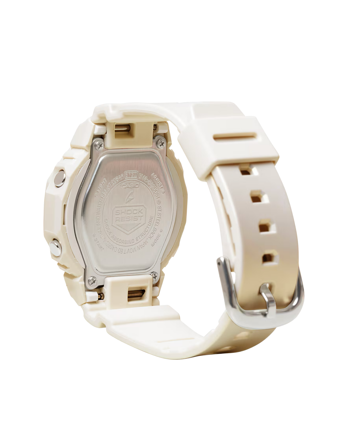 White Casio watch with a clear back on a white background