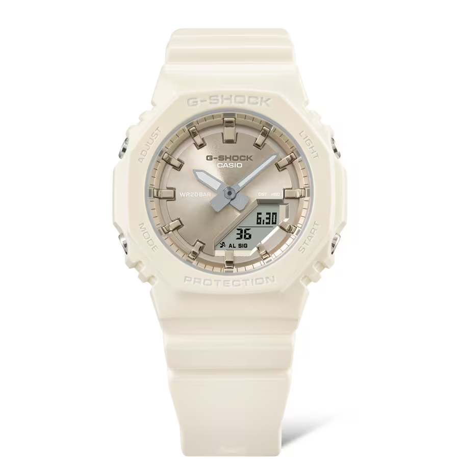 G-Shock watch with beige strap and face on a white background