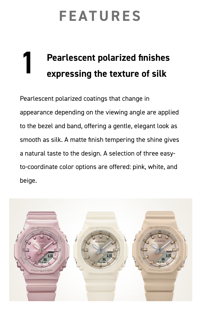 Three watches in pink, white, and beige with text about pearlescent polarized finishes.