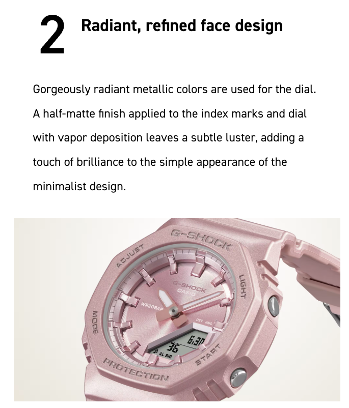 Pink Casio G-Shock watch with text about its design features on a white background