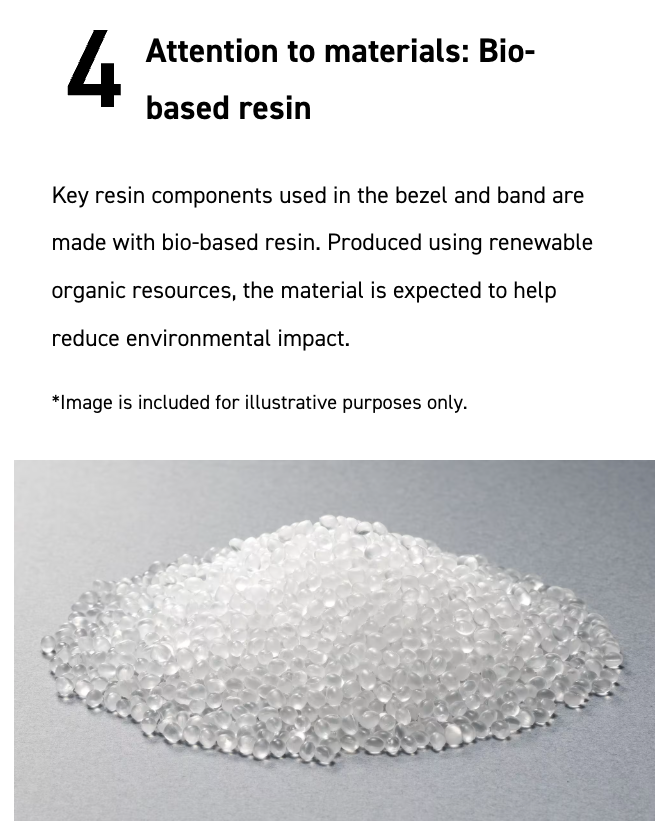 Bio-based resin on a gray background with text about its use in products.