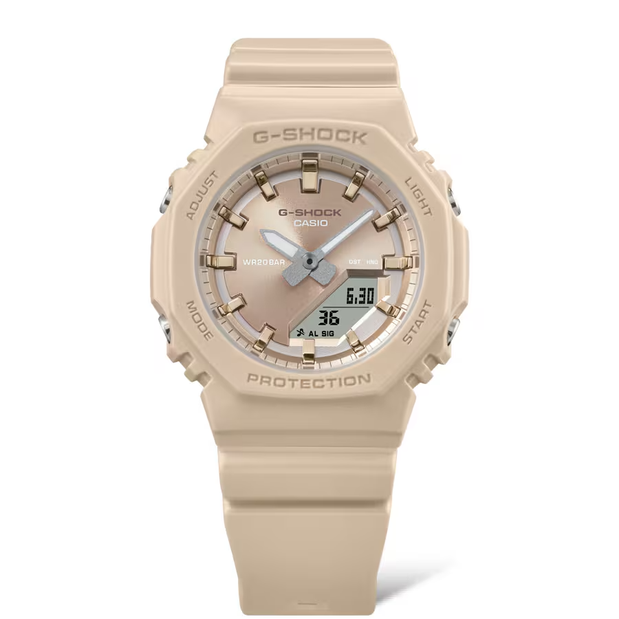 Beige Casio G-Shock watch on a white background
