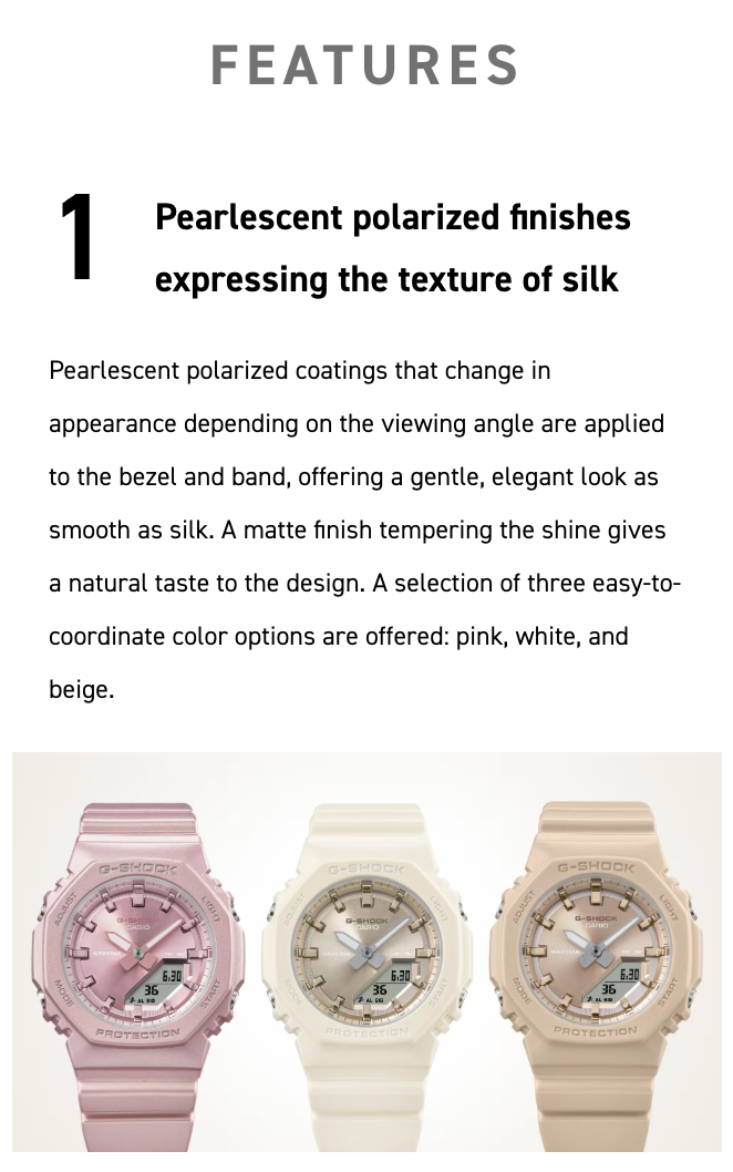 Three watches with pearlescent polarized finishes on a white background