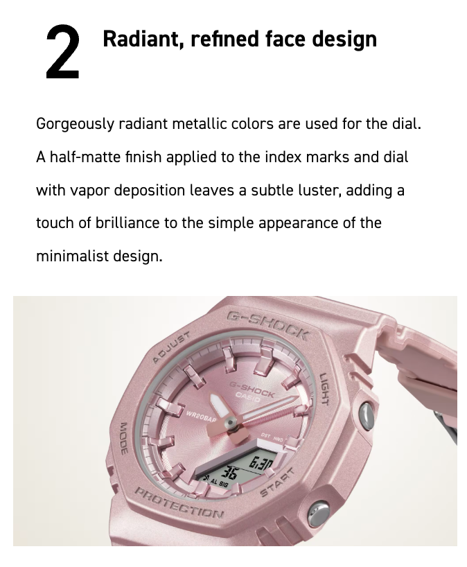 Pink Casio G-Shock watch with text describing its design features.