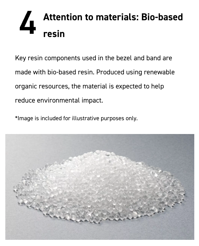 Bio-based resin sample on a gray background with text about its use in watch bezzels and bands.