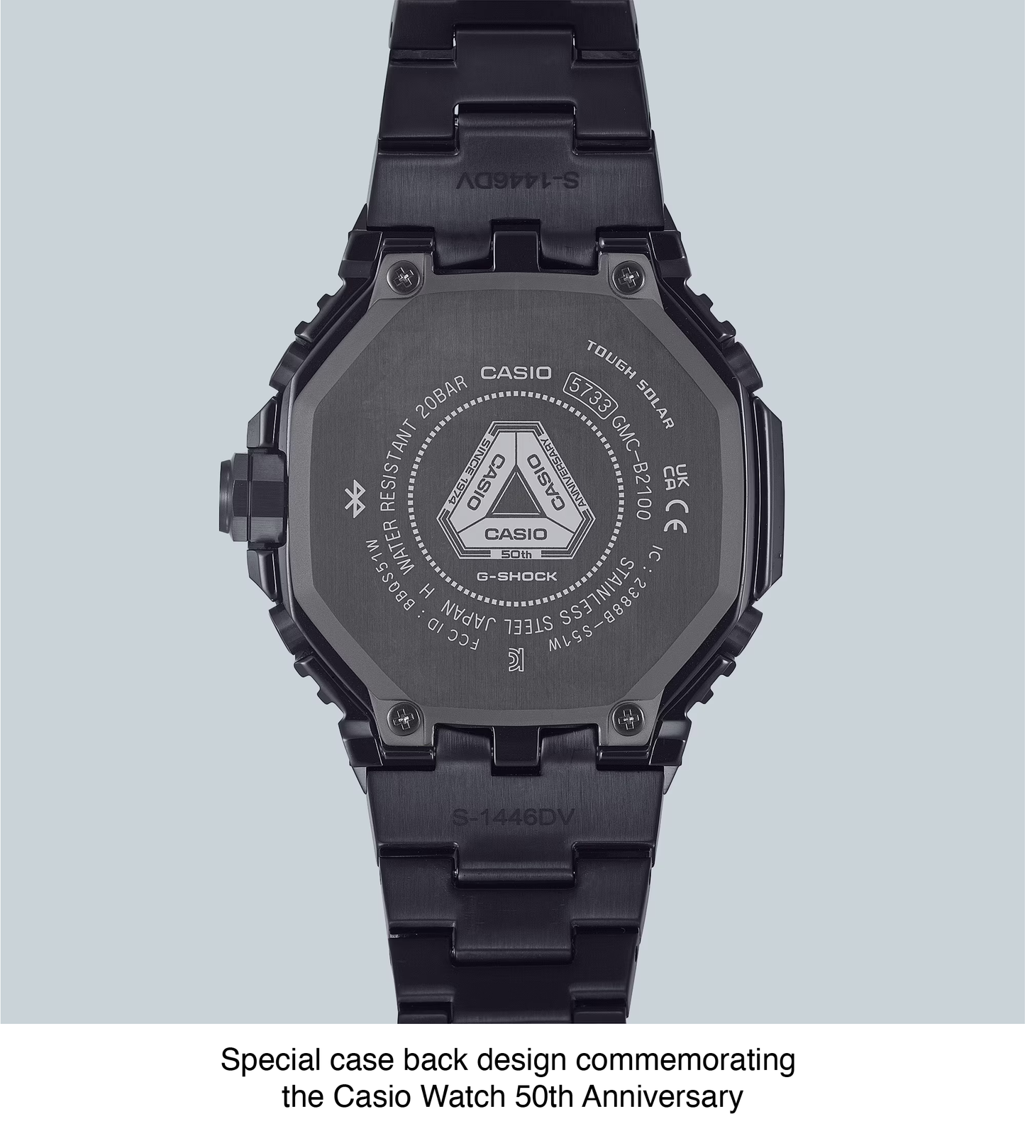 Casio G-SHOCK GMCB2100ZE1A 50th Anniversary full-metal black ion-plated watch with gold accent and binary code dial, limited edition released April 2025