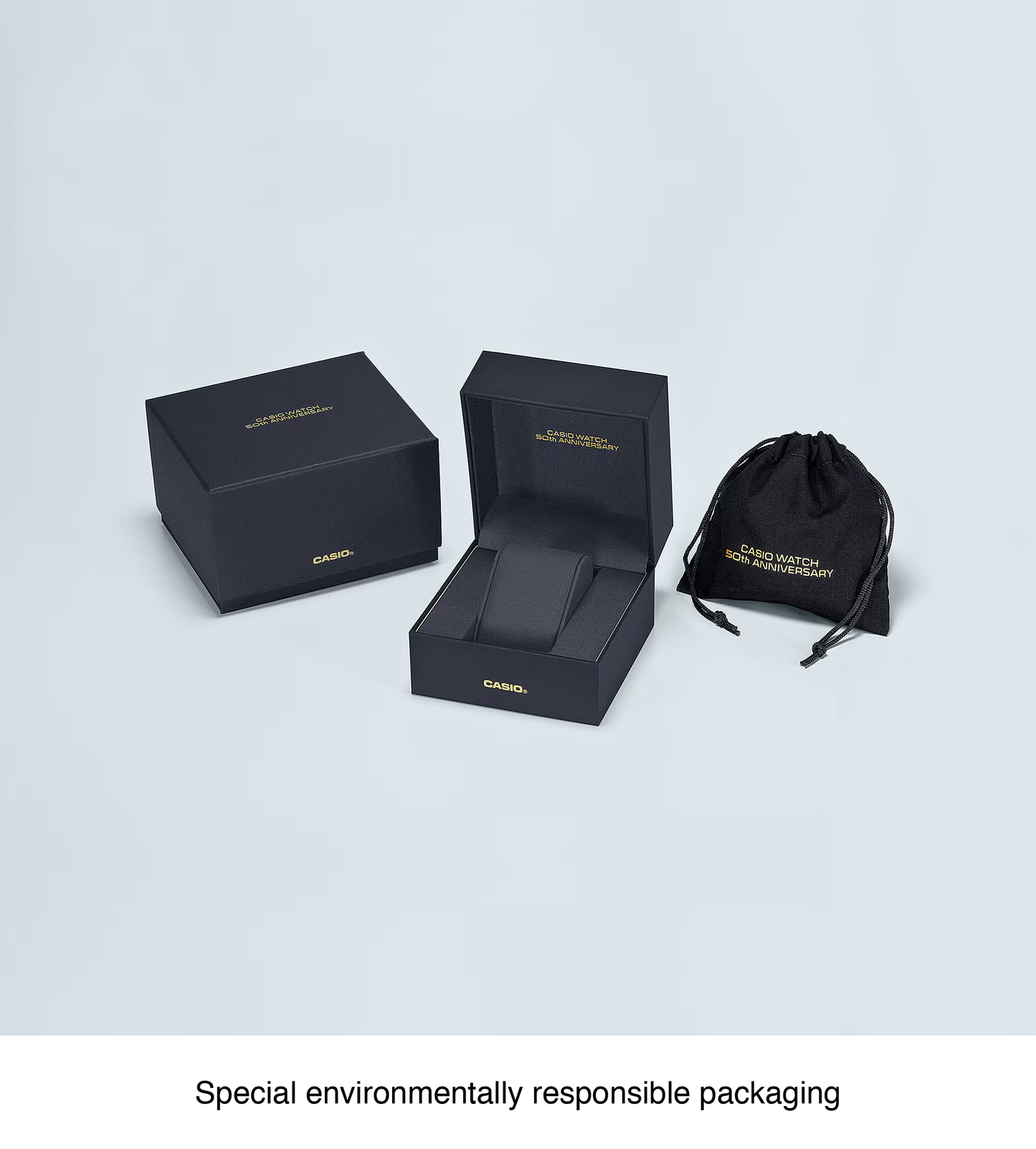 Casio G-SHOCK GMCB2100ZE1A 50th Anniversary full-metal black ion-plated watch with gold accent and binary code dial, limited edition released April 2025