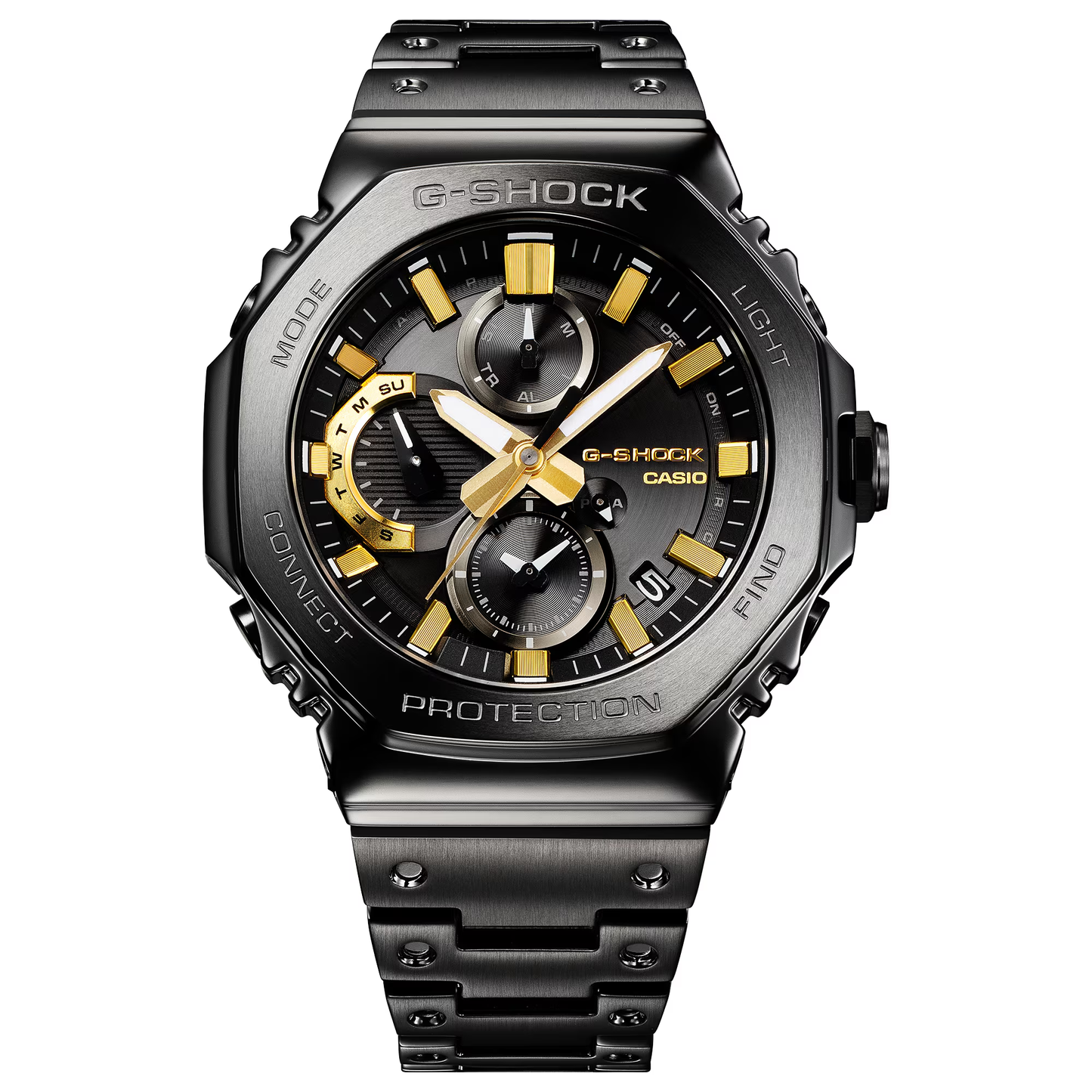 Casio G-SHOCK GMCB2100ZE1A 50th Anniversary full-metal black ion-plated watch with gold accent and binary code dial, limited edition released April 2025