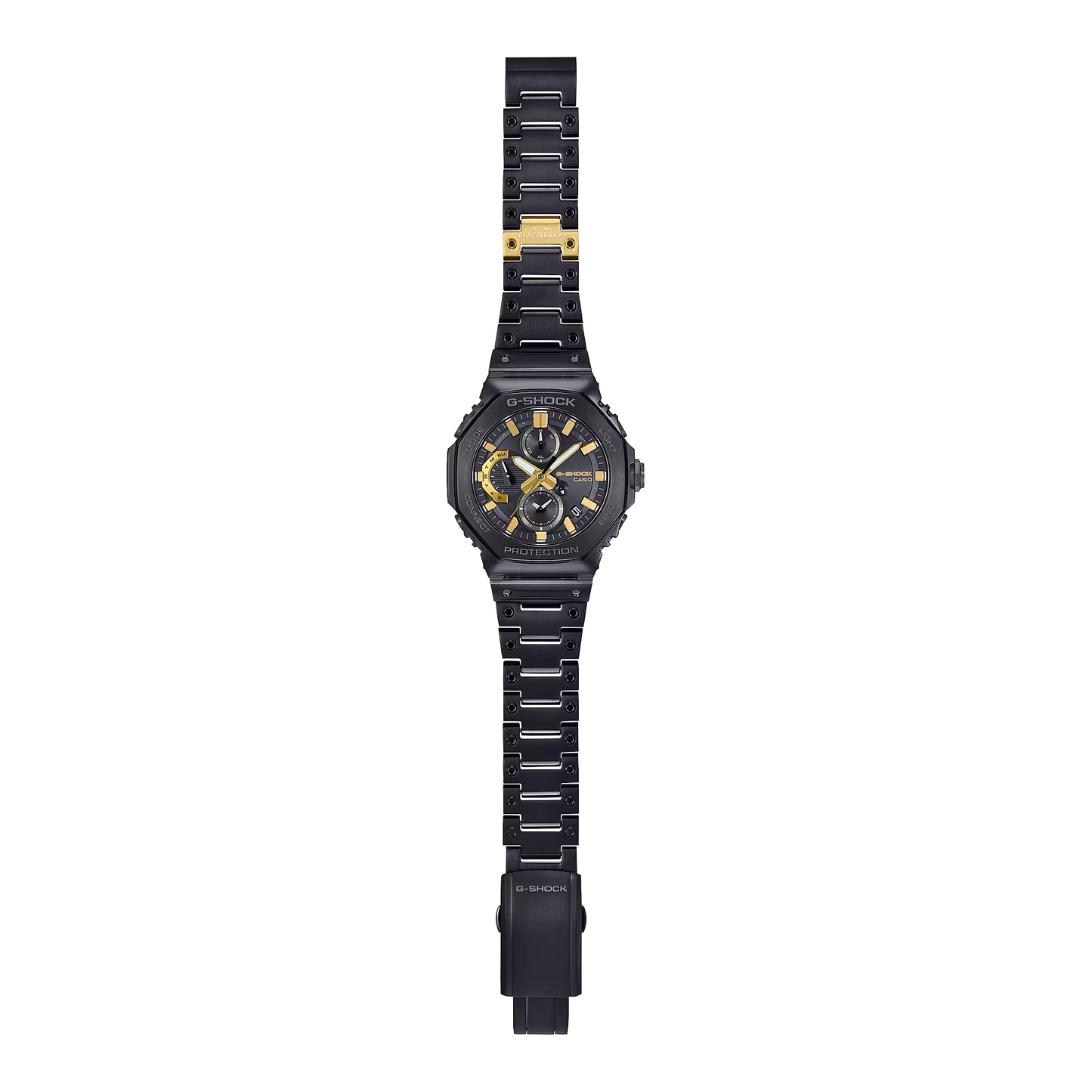 Casio G-SHOCK GMCB2100ZE1A 50th Anniversary full-metal black ion-plated watch with gold accent and binary code dial, limited edition released April 2025