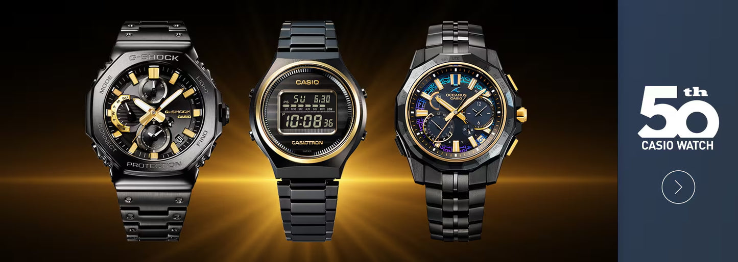 Casio G-SHOCK GMCB2100ZE1A 50th Anniversary full-metal black ion-plated watch with gold accent and binary code dial, limited edition released April 2025