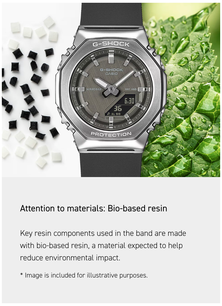 G-Shock watch with bio-based resin band on a white background