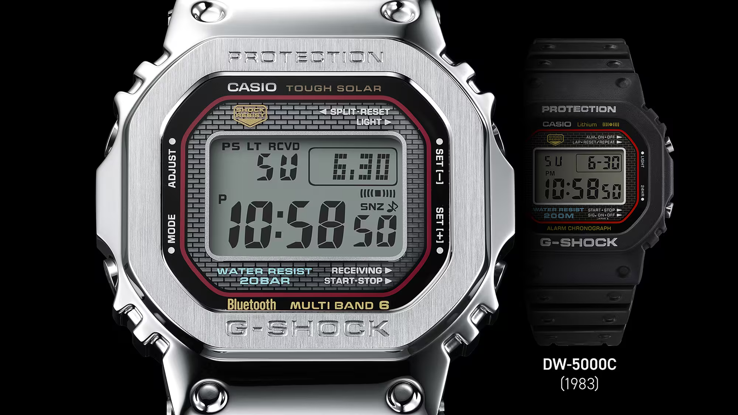 Casio G-SHOCK Full Metal GMWB5000D-1C – iconic DW5000C reimagined in stainless steel with Bluetooth, Tough Solar, 200m water resistance, and premium Japanese craftsmanship.