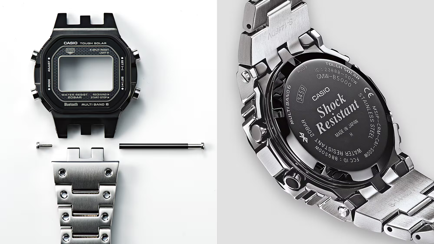 Casio G-SHOCK Full Metal GMWB5000D-1C – iconic DW5000C reimagined in stainless steel with Bluetooth, Tough Solar, 200m water resistance, and premium Japanese craftsmanship.