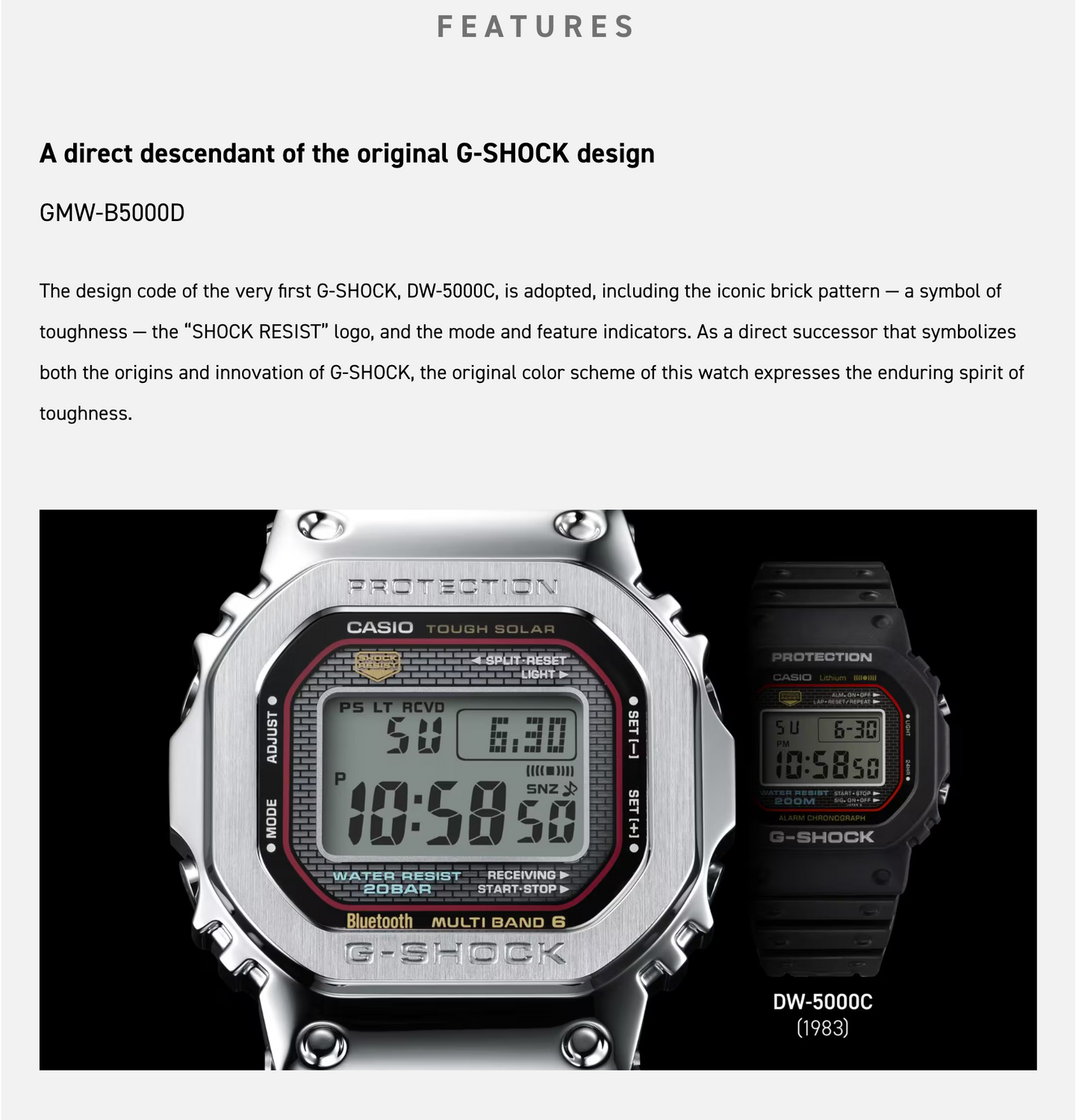 Casio G-SHOCK Full Metal GMWB5000D-1C – iconic DW5000C reimagined in stainless steel with Bluetooth, Tough Solar, 200m water resistance, and premium Japanese craftsmanship.