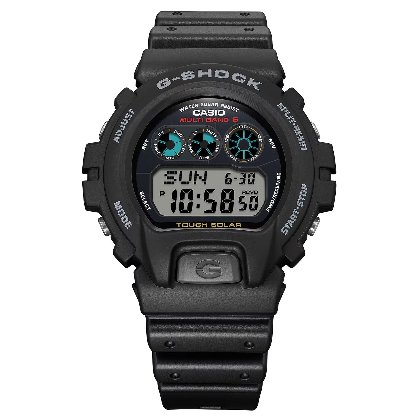 Black Casio G-Shock digital watch on a white background
