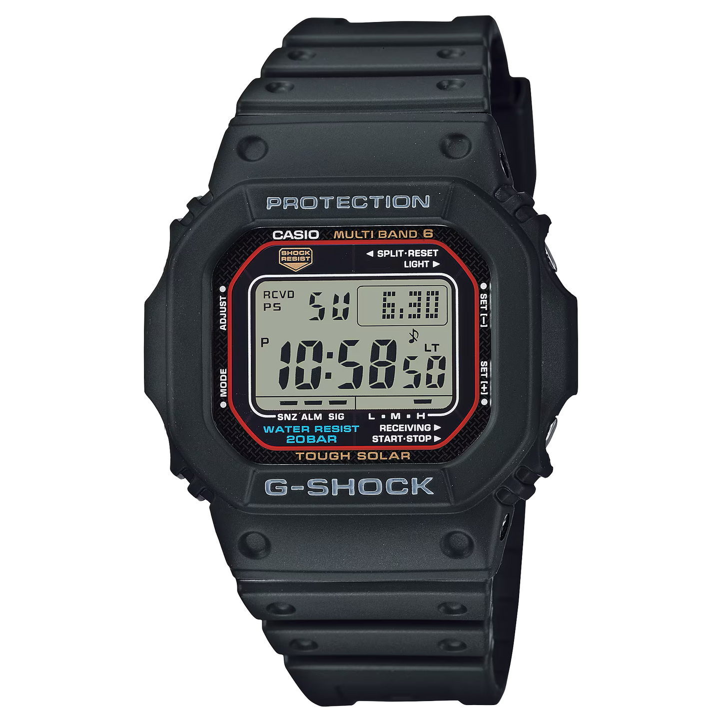 Casio G-Shock GWM5610-1 digital watch with a classic square design. Features solar power, Multi-Band 6 atomic timekeeping, 200m water resistance, shock resistance, and LED backlight.