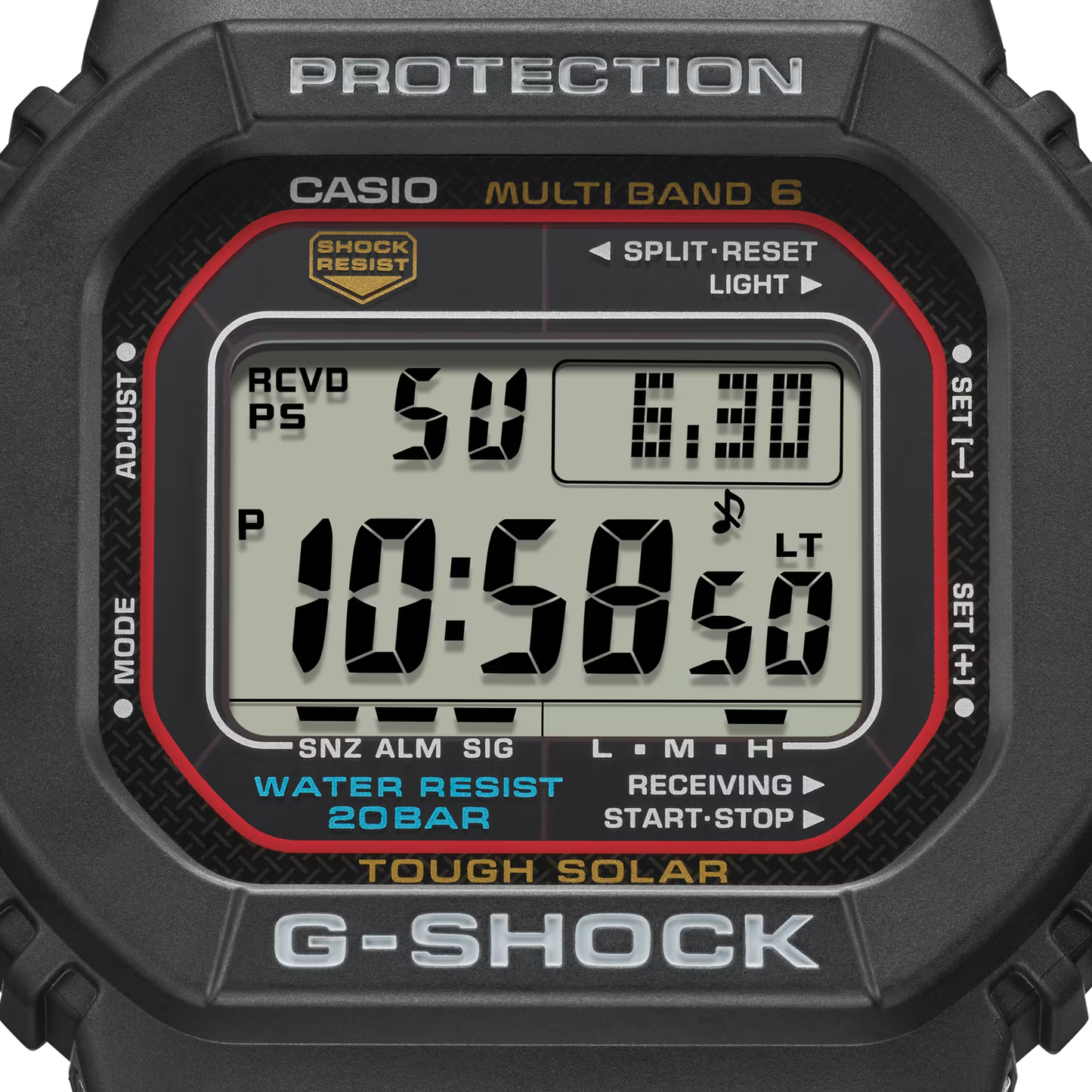 Casio G-Shock GWM5610-1 digital watch with a classic square design. Features solar power, Multi-Band 6 atomic timekeeping, 200m water resistance, shock resistance, and LED backlight.