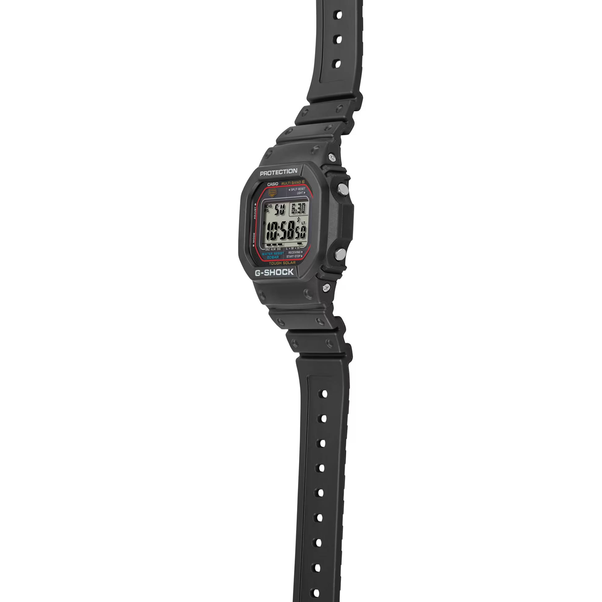 Casio G-Shock GWM5610-1 digital watch with a classic square design. Features solar power, Multi-Band 6 atomic timekeeping, 200m water resistance, shock resistance, and LED backlight.