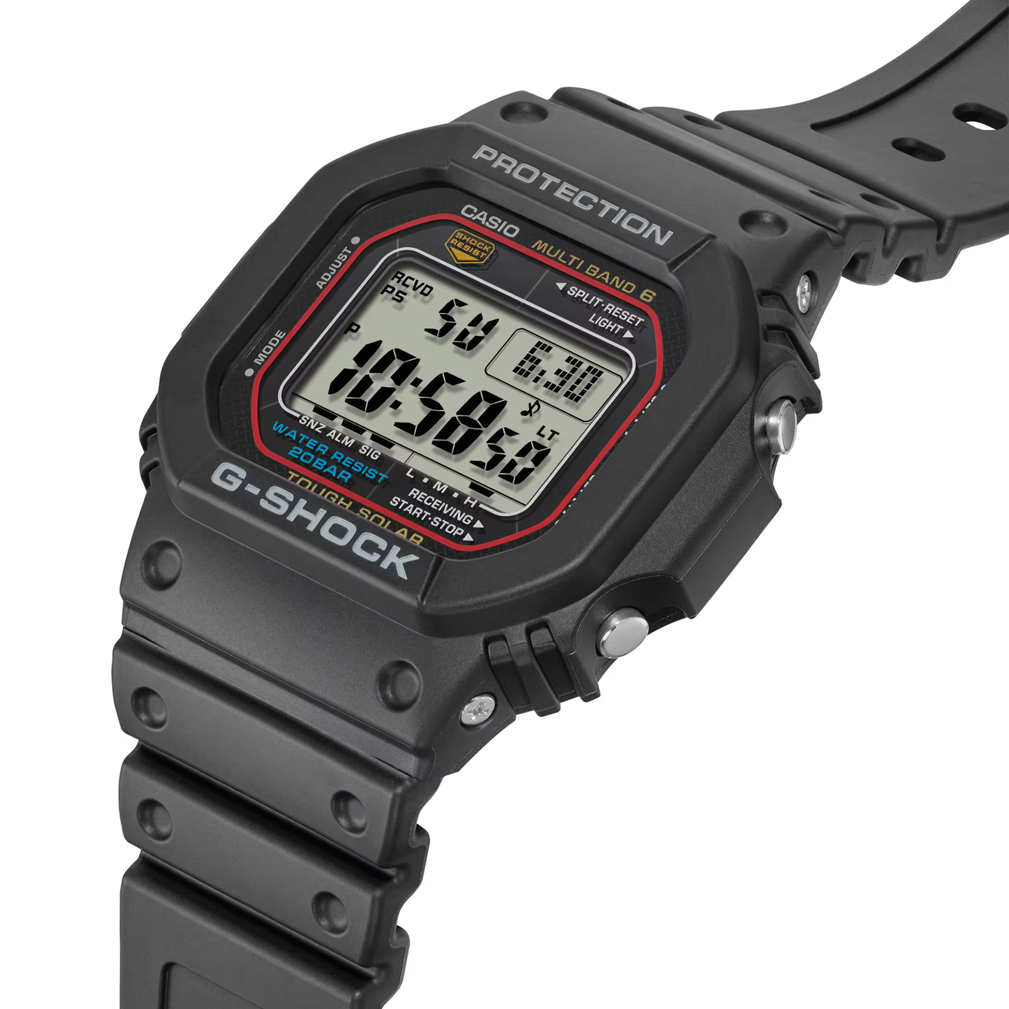 Casio G-Shock GWM5610-1 digital watch with a classic square design. Features solar power, Multi-Band 6 atomic timekeeping, 200m water resistance, shock resistance, and LED backlight.