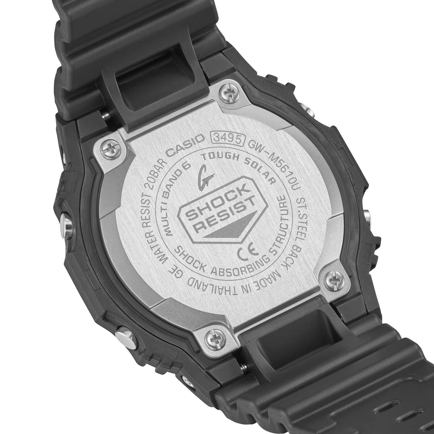Casio G-Shock GWM5610-1 digital watch with a classic square design. Features solar power, Multi-Band 6 atomic timekeeping, 200m water resistance, shock resistance, and LED backlight.