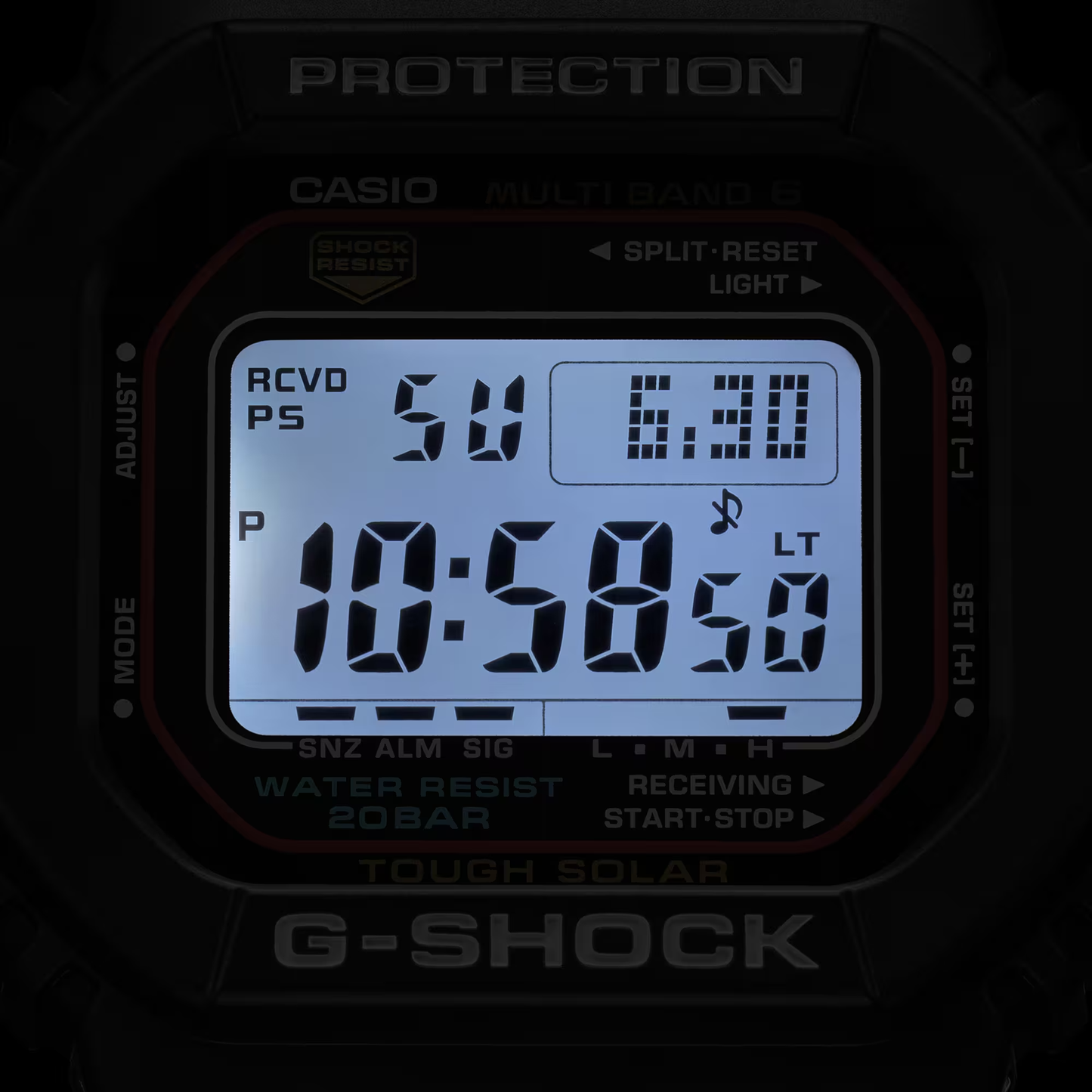 Casio G-Shock GWM5610-1 digital watch with a classic square design. Features solar power, Multi-Band 6 atomic timekeeping, 200m water resistance, shock resistance, and LED backlight.