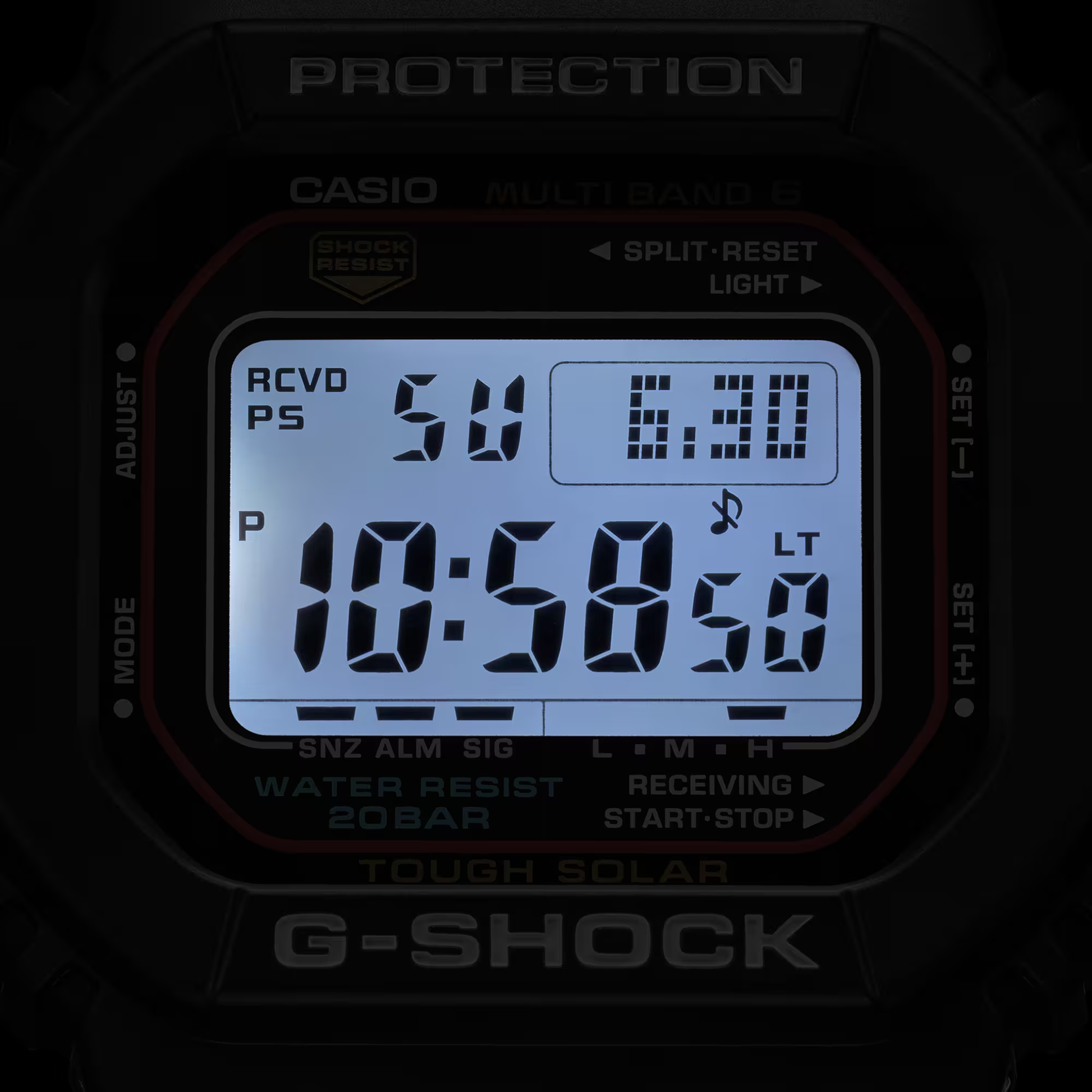 Casio G-Shock GWM5610-1 digital watch with a classic square design. Features solar power, Multi-Band 6 atomic timekeeping, 200m water resistance, shock resistance, and LED backlight.