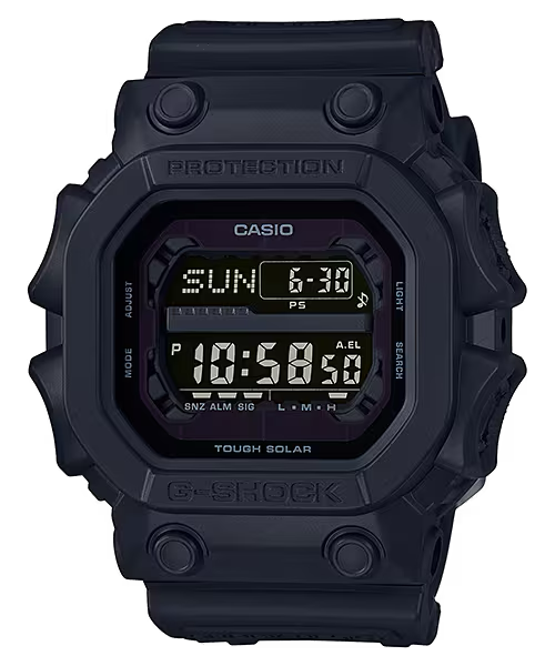 Casio G-SHOCK GX56BB-1 ‘King of G-SHOCK’ digital watch. Oversized 55.5 × 53.6 × 17.5 mm matte black resin case and band with mineral glass, mud- and shock-resistant structure, and Tough Solar power system. Features world time, stopwatch, countdown timer, 5 alarms, full auto-calendar, and EL blue-green backlight. 200-meter water resistant, 88 g weight, and battery life up to 27 months in power save mode.