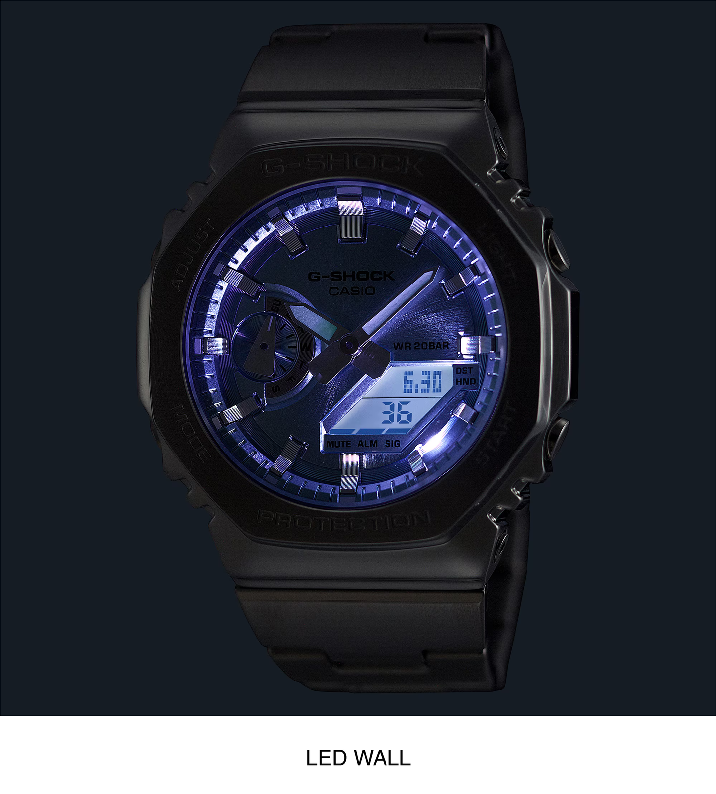 Casio G-STEEL GM2110D-4A, premium stainless-steel G-SHOCK with an octagonal bezel. Features a sunburst orange dial, shock resistance, 200m water resistance, dual LED Super Illuminator, and world time. Stylish and durable.