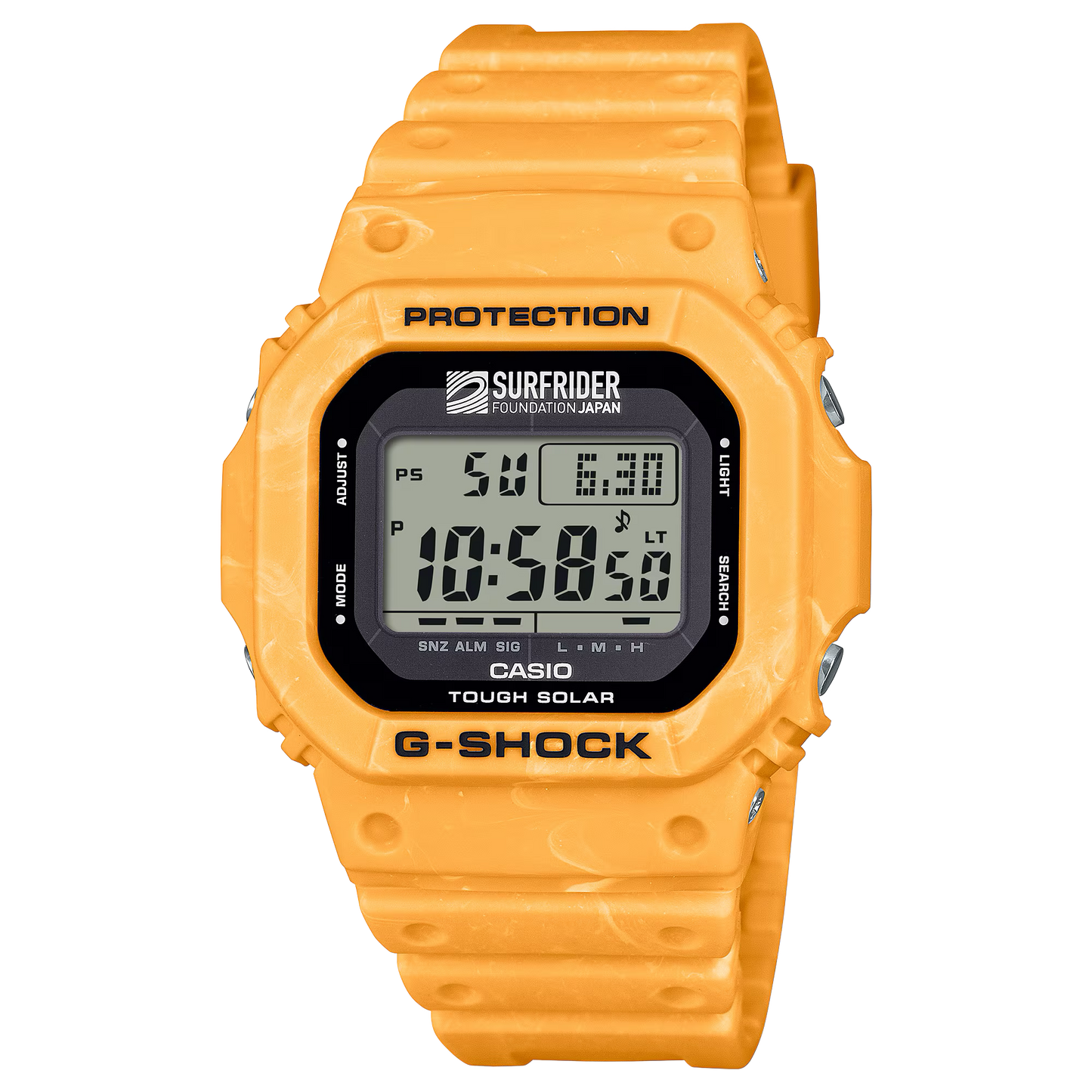Casio G-SHOCK 5600 Series G5600SFJ-9 – Surfrider Foundation Japan collab in sunrise yellow-beige, bio-based resin, Tough Solar, 200m water resistance, and eco-friendly design.